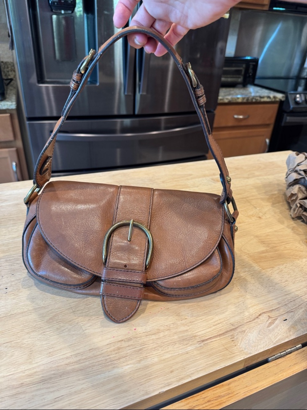 Banana Republic cognac, Broun Leather Shoulder Bag with Brass Buckle